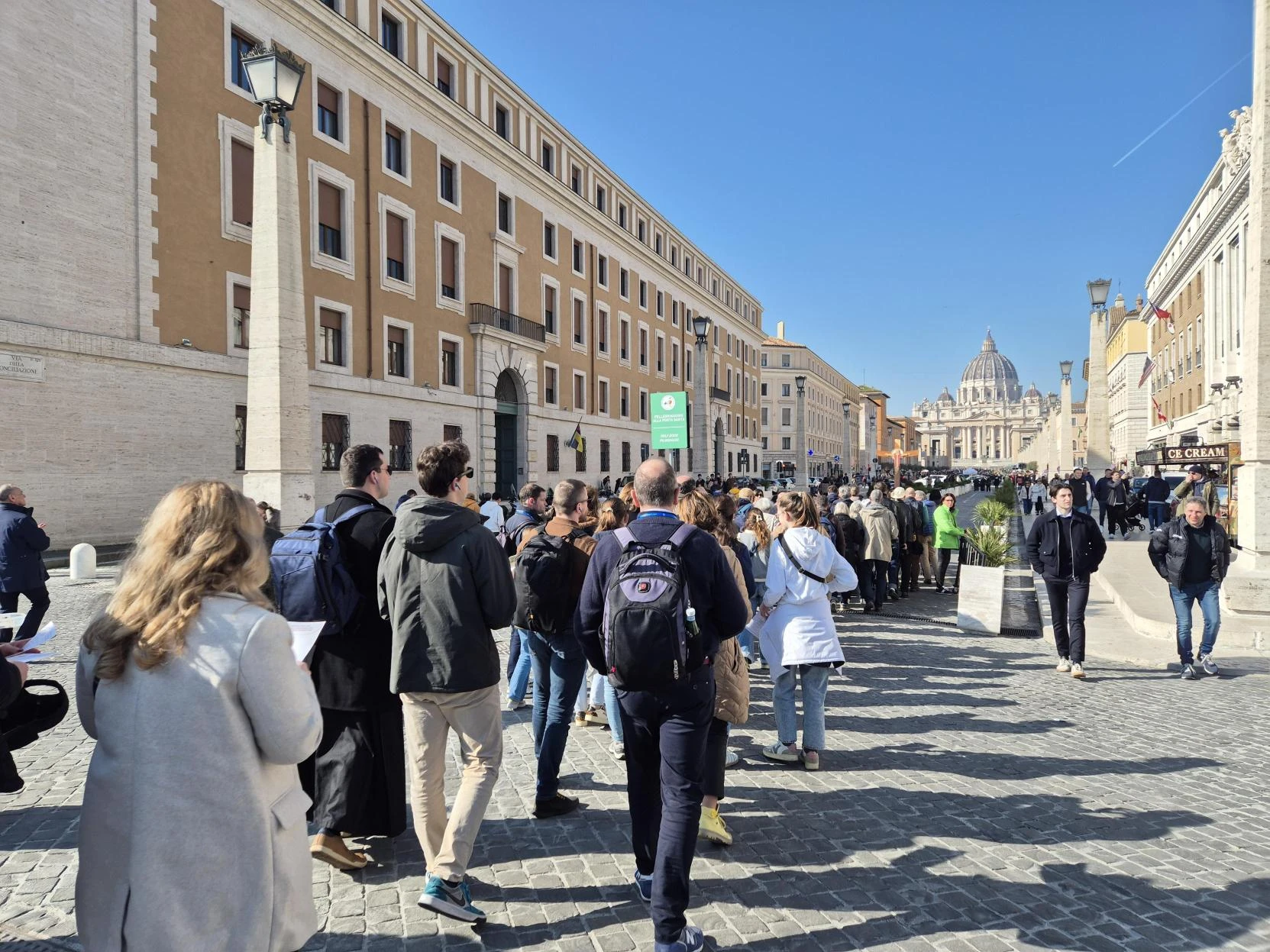A group of pilgrims from France pray for Pope Francis as the pontiff remains in the hospital battling pneumonia, Rome, Friday, Feb. 21, 2025. Credit: Hannah Brockhaus/CNA