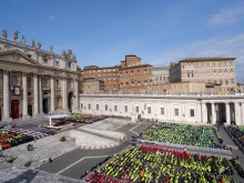 Thousands of volunteers in colorful safety vests fill St. Peter’s Square during the Jubilee of Volunteers at the Vatican on March 9, 2025.