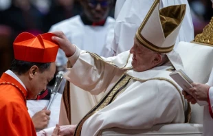 Cardinal Pablo Virgilio David receives his cardinal’s hat on Dec. 7, 2024. Credit: Daniel Ibáñez/EWTN News