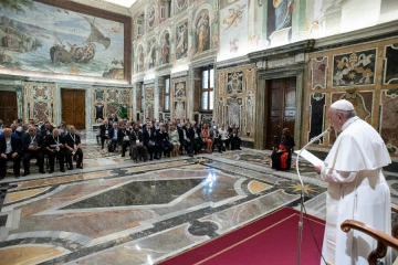 Pope Francis addresses participants in a meeting for chaplains and volunteers of the Apostleship of the Sea in the Vaticans Clementine Hall June 27 2019 Credit Vatican Media