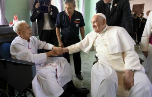 Pope Francis meets with elderly and sick people on his final day in Singapore on Friday, Sept. 13, 2024, marking the conclusion of his 12-day, four-country apostolic journey to Asia and Oceania — the longest trip of his pontificate to date. Credit: Vatican Media