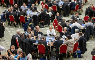 Delegates at the 2024 Synod on Synodality participate in roundtable meetings on Oct. 10, 2024, in the Paul VI Hall at the Vatican. Credit: Daniel Ibañez/CNA