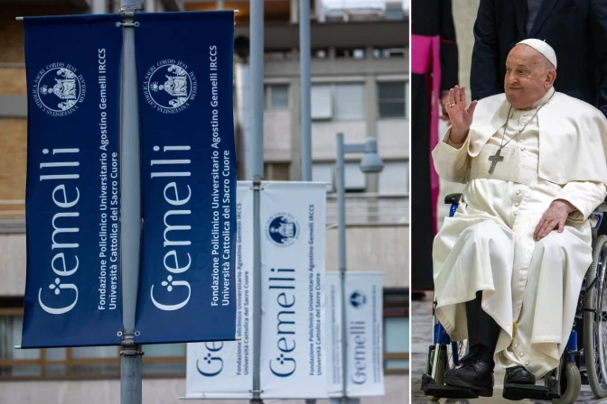 Left: Banners at Rome’s Gemelli University Hospital. Right: Pope Francis waves from a wheelchair, Feb. 13, 2025. | Credit: Daniel Ibáñez/CNA