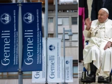 Left: Banners at Rome’s Gemelli University Hospital. Right: Pope Francis waves from a wheelchair, Feb. 13, 2025.